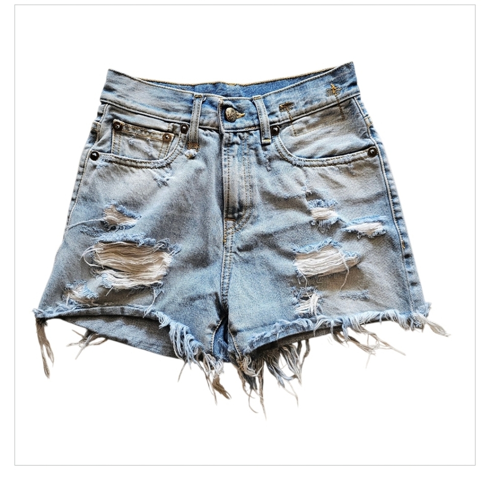 R13 Shredded Slouch Blankside Blue Distressed Jean Shorts Sz 24
